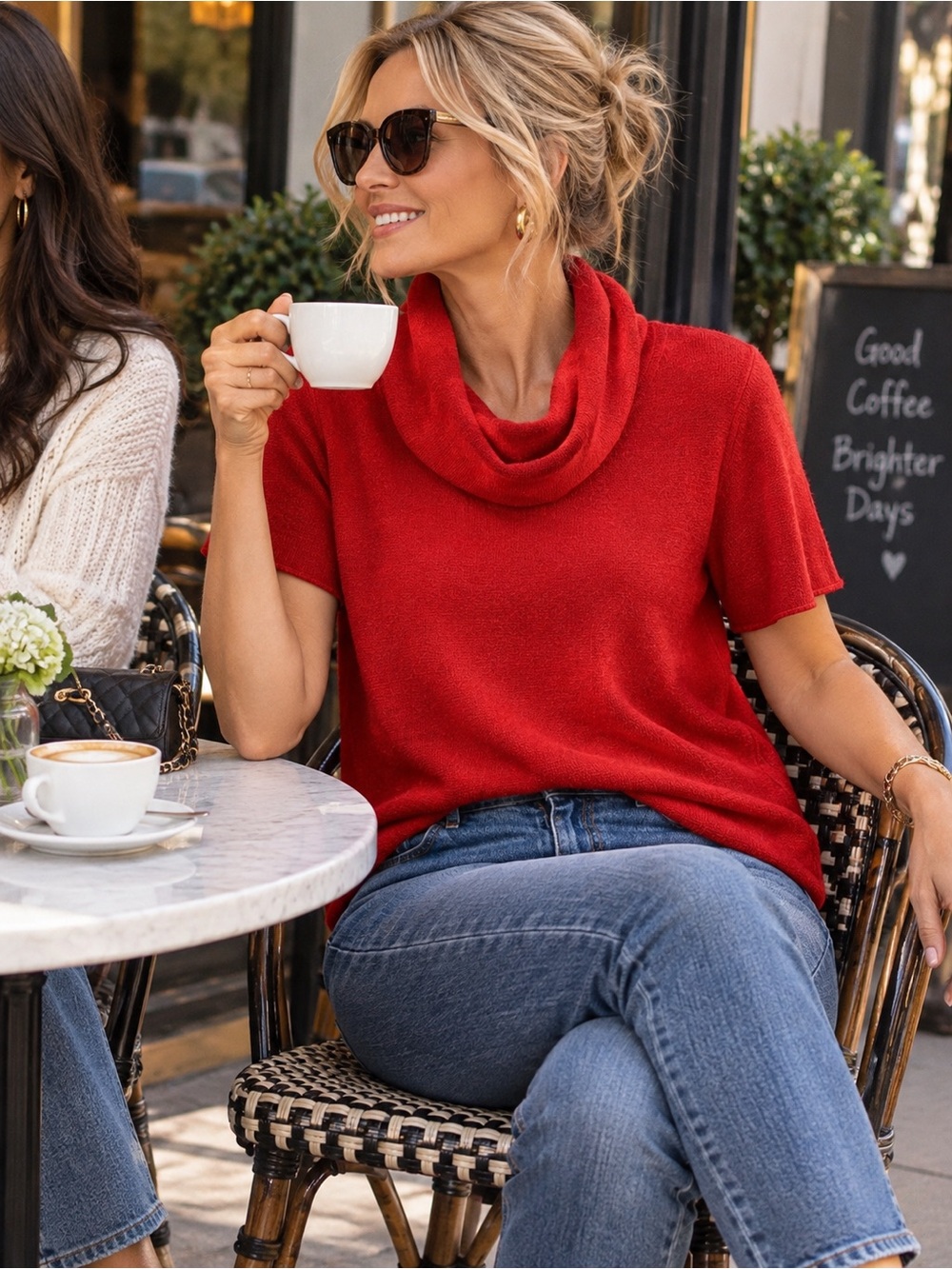 Relaxed Red Short-Sleeve Cowl Neck Sweater - Women's